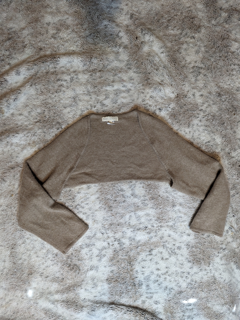 Carolina Amato 100% Cashmere Cropped Shrug Bolero Sweater Heather Tan Size L
